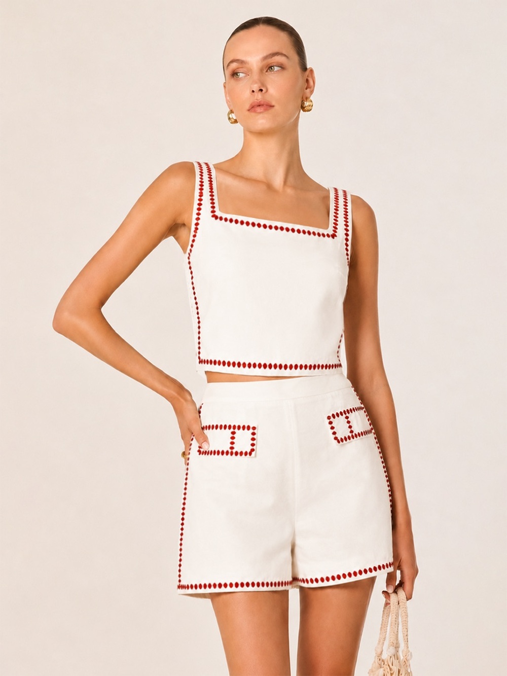 Commense Set Red/White Embroidered Top & Shorts Set